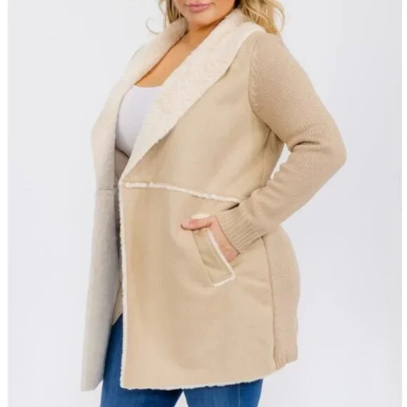 OnTwelfth Women’s Plus Size Open Front Faux Suede & Sherpa Lined Coat – Beige - Picture 2 of 12